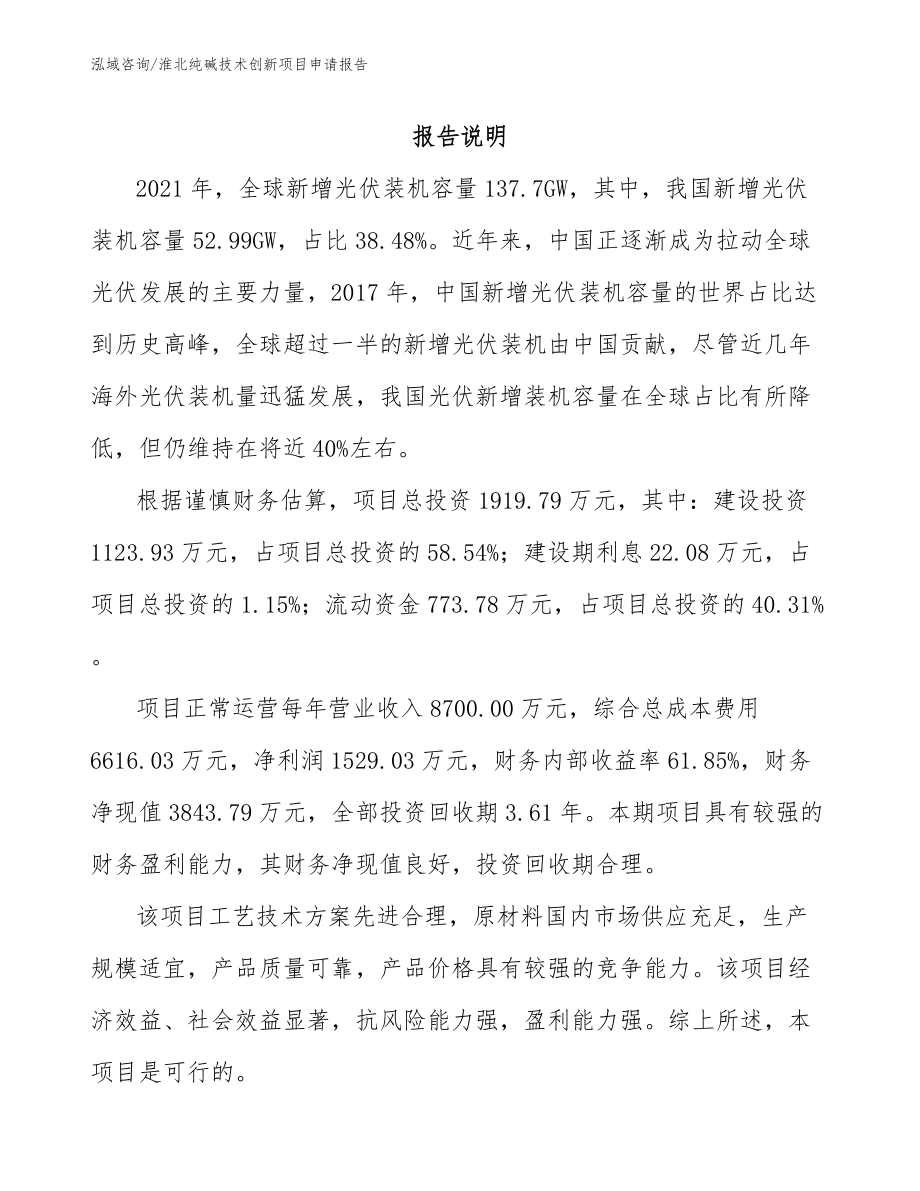 淮北纯碱技术创新项目申请报告范文参考_第1页