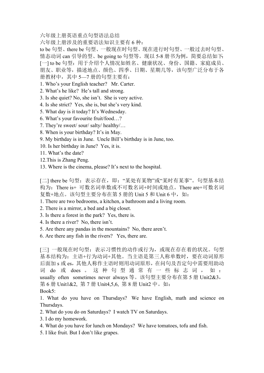 六年级上册英语重点句型语法总结_第1页