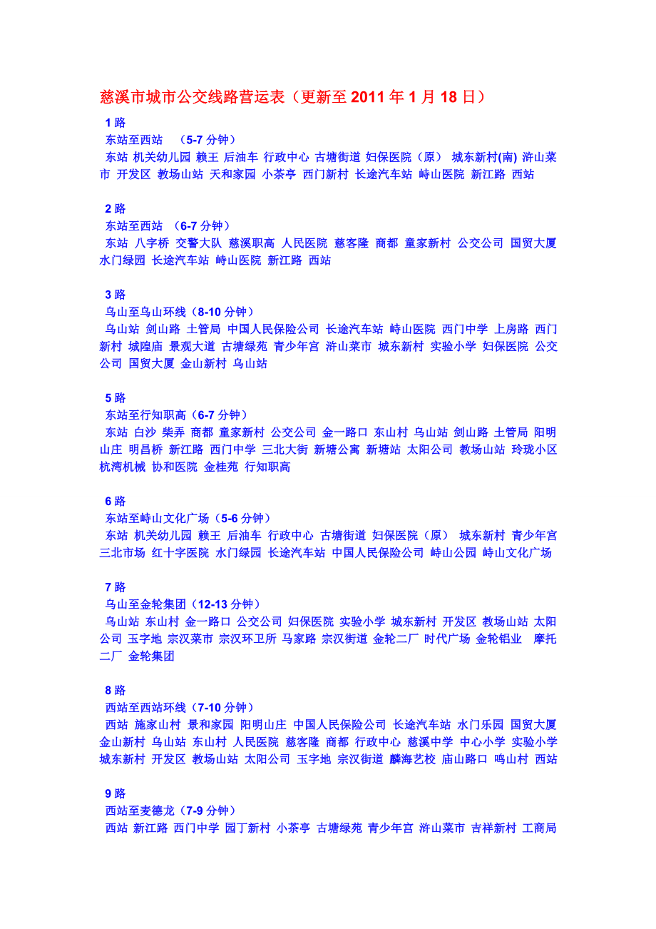慈溪市城市公交线路营运表_第1页