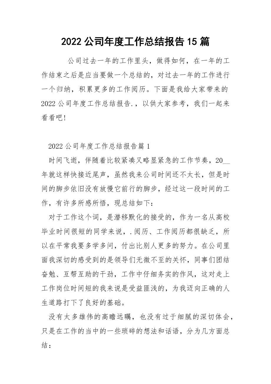 2022公司年度工作总结报告15篇_第1页