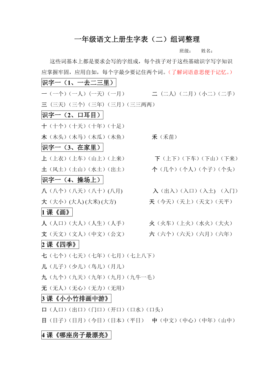 一年级语文上册生字表（二）组词整理_第1页