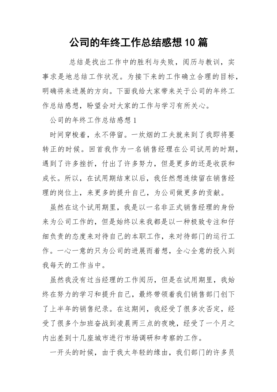 公司的年终工作总结感想10篇_第1页