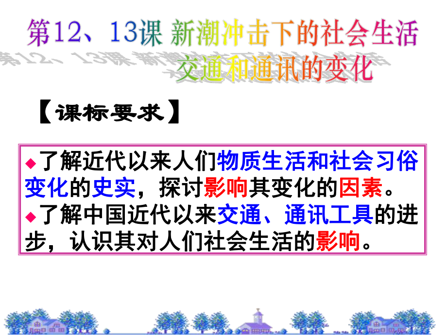 高三一轮复习岳麓版必修二第12课13课新潮冲击下的社会生活交通通讯的变化20PPT_第1页
