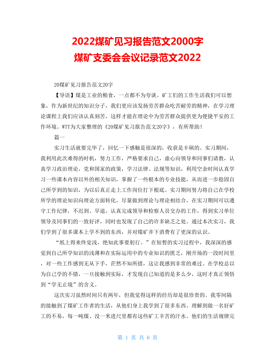 2022煤矿见习报告范文2000字煤矿支委会会议记录范文2022_第1页